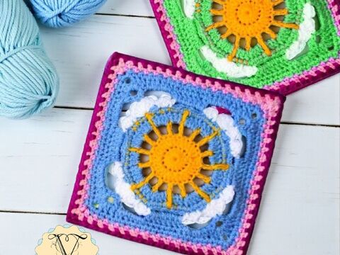 Crochet Cloud & Sun Granny Square Pattern - Spring Summer Style Home Decor