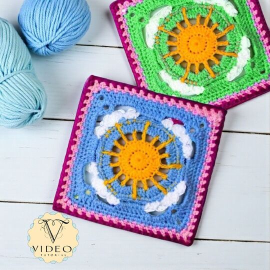 Crochet Cloud & Sun Granny Square Pattern - Spring Summer Style Home Decor