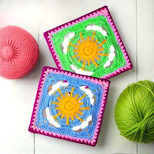 Crochet Cloud & Sun Granny Square Pattern - Spring Summer Style Home Decor