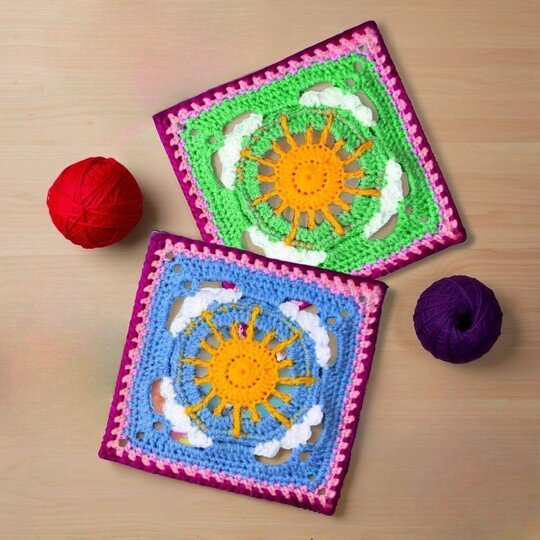 Crochet Cloud & Sun Granny Square Pattern - Spring Summer Style Home Decor