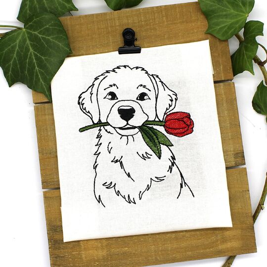 Stickdatei Hund mit Tulpe Frühling Kontur