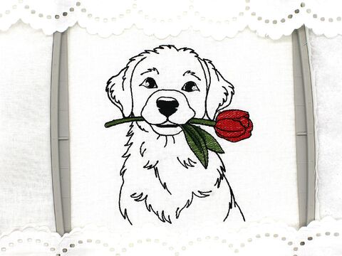 Stickdatei Hund mit Tulpe Frühling Kontur