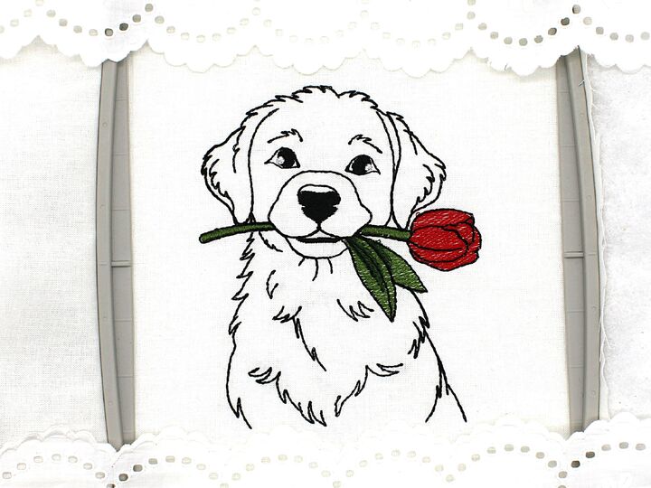 Stickdatei Hund mit Tulpe Frühling Kontur