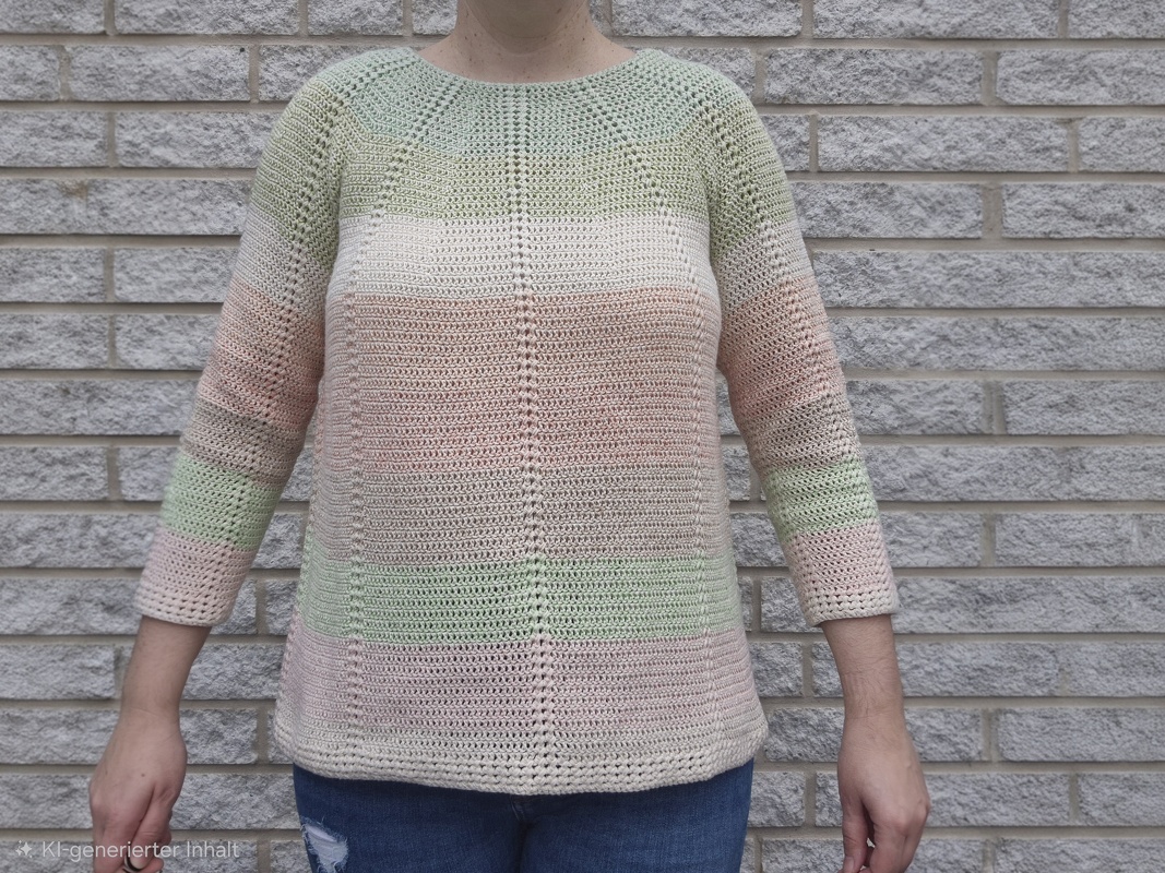 Gehäkelter Damenpullover in Pastellgrün, Creme und Rosé mit Dreiviertelärmeln vor einer Ziegelwand