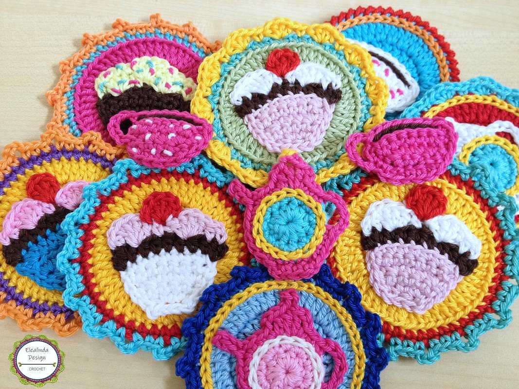 Crochet pattern cupcake patches coffeepot coffee cup appliqués