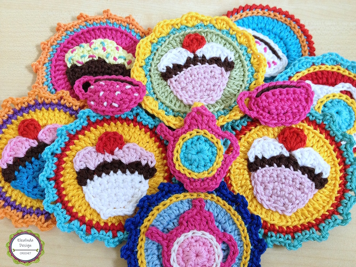 Crochet pattern cupcake patches coffeepot coffee cup appliqués