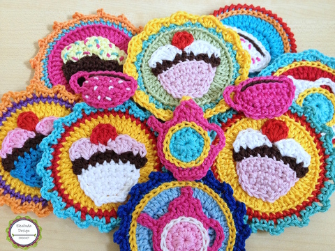 Häkelanleitung Cupcake Kaffeekanne Kaffeetasse Aufnäher Häkelapplikationen