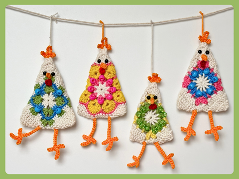 Granny Hühner, Girlande, Osterstrauss Anhänger, Huhn häkeln, Osterdeko