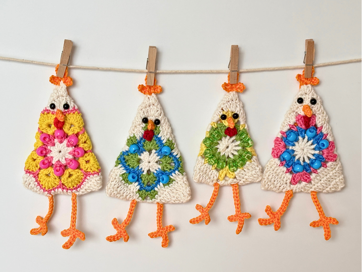 Chicken Granny Square w. Beads, Easter Decor, Easter Tree Ornament Chick