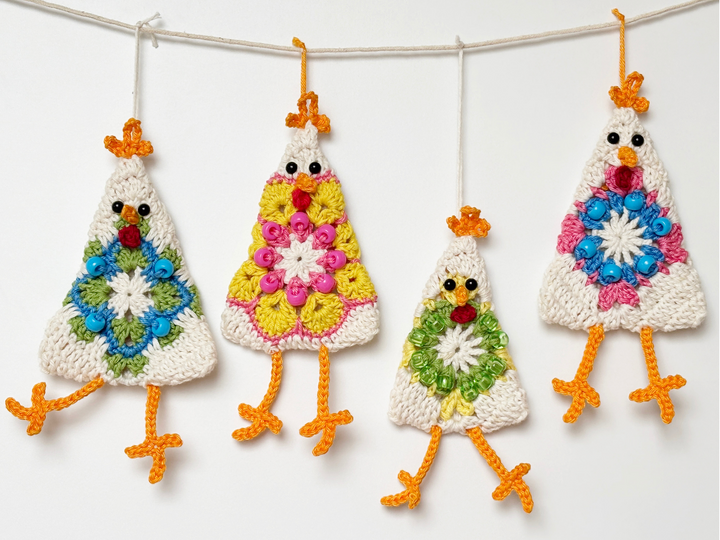Chicken Granny Square w. Beads, Easter Decor, Easter Tree Ornament Chick