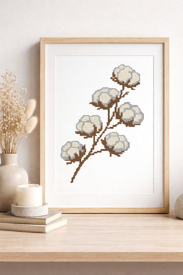 Cotton Branch Cross Stitch Pattern | Minimalist Botanical Embroidery Design