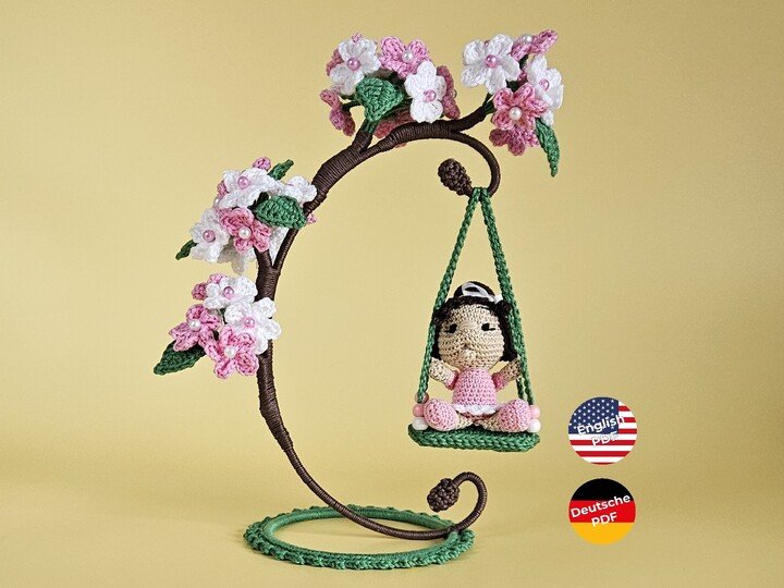 Sakura Kirschblüte Häkelanleitung – Blumenkind mit Schaukel & Kirschblüten