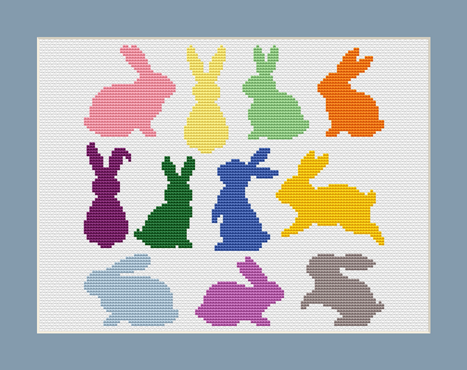 Kreuzstichvorlage für einfache Häschensilhouetten, perfekt für Osterdeko