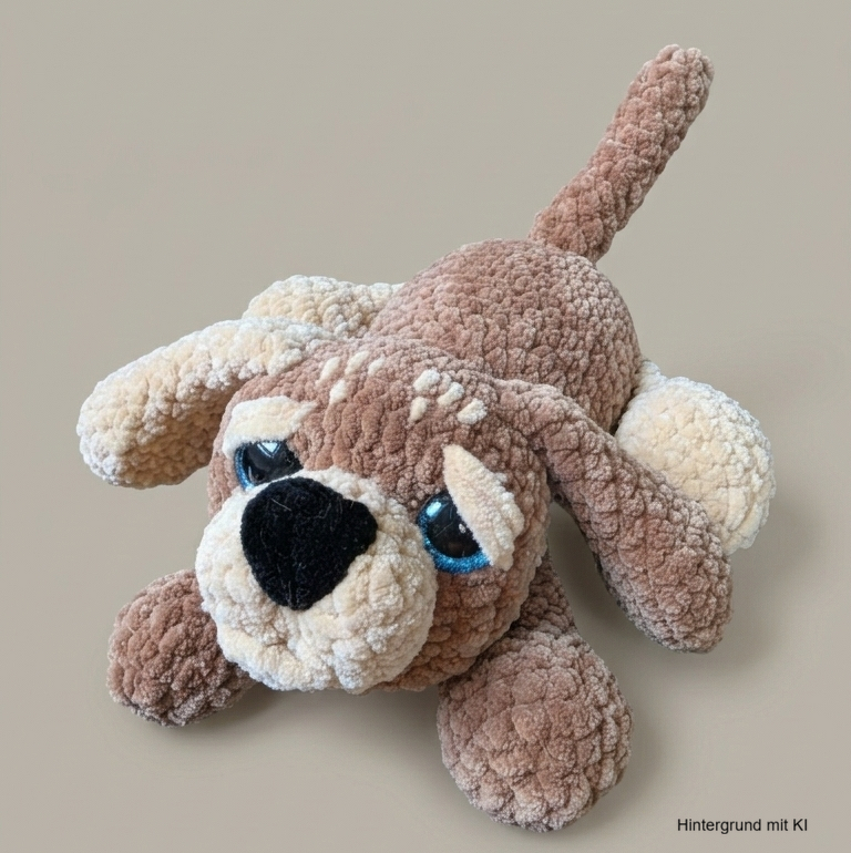Gehäkelter Amigurumi-Hund in Braun und Beige mit blauen Augen und schwarzer Nase, liegend.