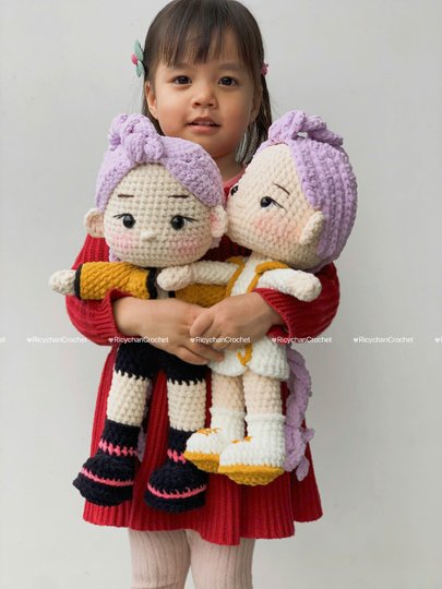 Pattern 2 in 1: Purple Hair Kpop Girls Amigurumi Crochet Doll Pattern