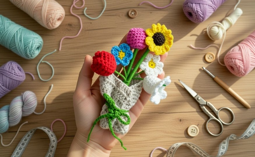 Häkelblumen Strauß Anleitung PDF + Video (Englisch) Blumen Bouquet