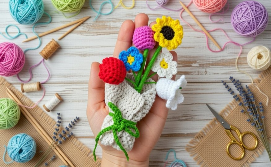 Häkelblumen Strauß Anleitung PDF + Video (Englisch) Blumen Bouquet