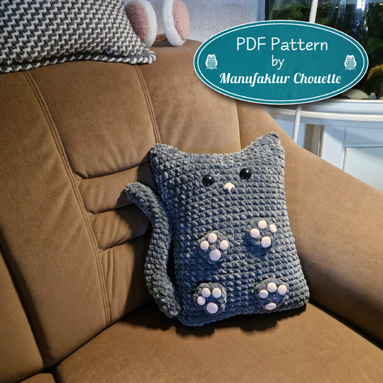 Sofa cat "Sophie", pillow, DIY crochet pattern, Chenille yarn