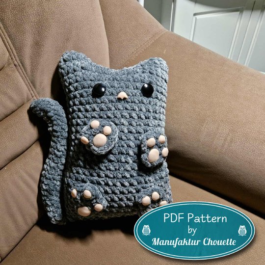 Sofa cat "Sophie", pillow, DIY crochet pattern, Chenille yarn