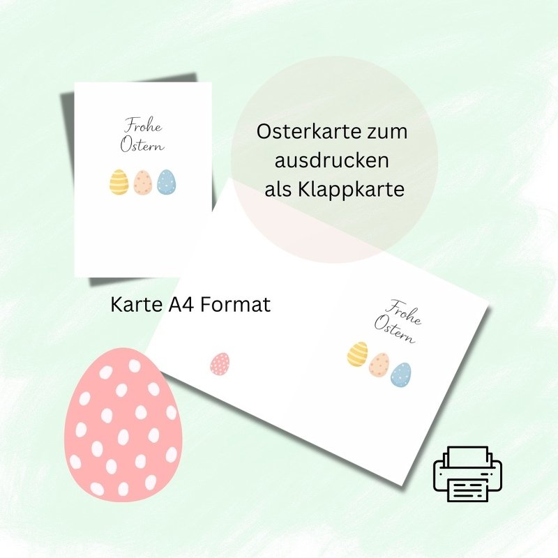 A4-Osterklappkarte mit drei pastellfarbenen Ostereiern und dem Schriftzug ‚Frohe Ostern‘; Vorder- und Innenseite als Drucklayout, Drucker-Symbol