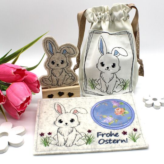 Stickdatei Hase SET Kontur ITH Stabstickdatei Sockeldatei Mugrug