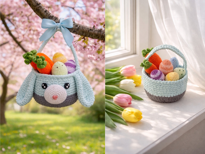 Häkelanleitung gefülltes Oster Hasen Körbchen
