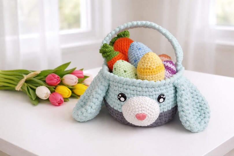 Häkelanleitung gefülltes Oster Hasen Körbchen