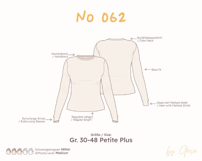 Longsleeve Schnittmuster Slim Fit mit extra langen Ärmeln - Petite-Plus