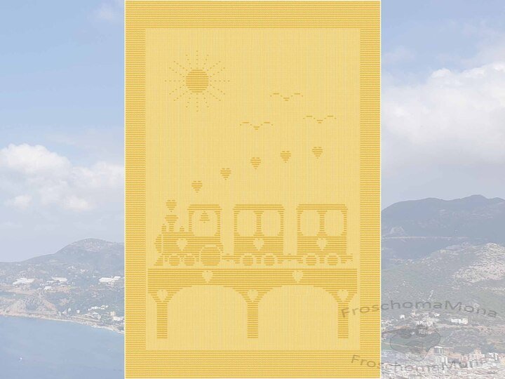 Babydecke „Brückenabenteuer“ kleine Lokomotive und Waggons Kinderdecke