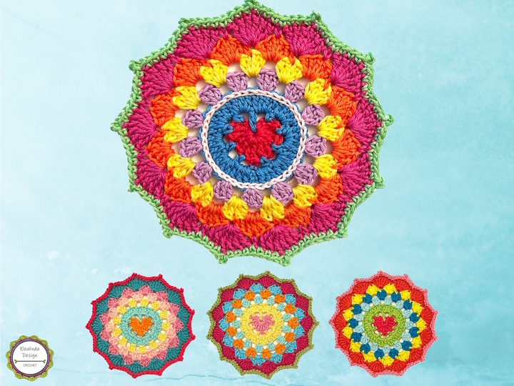 Häkelanleitung Mandala mit Herz, Häkelmandala Untersetzer Applikation