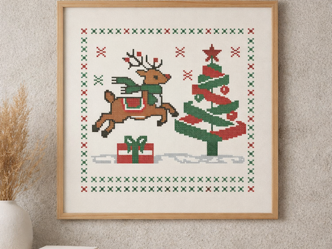 Christmas Reindeer Cross Stitch Pattern – Festive Holiday Tree & Gift