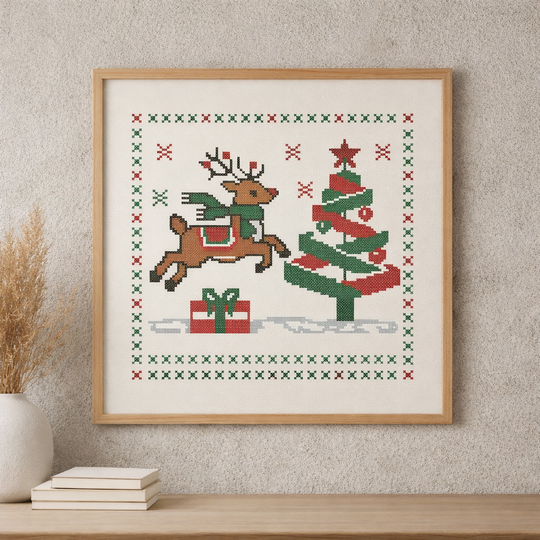 Christmas Reindeer Cross Stitch Pattern – Festive Holiday Tree & Gift