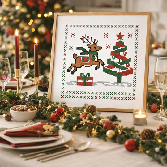 Christmas Reindeer Cross Stitch Pattern – Festive Holiday Tree & Gift