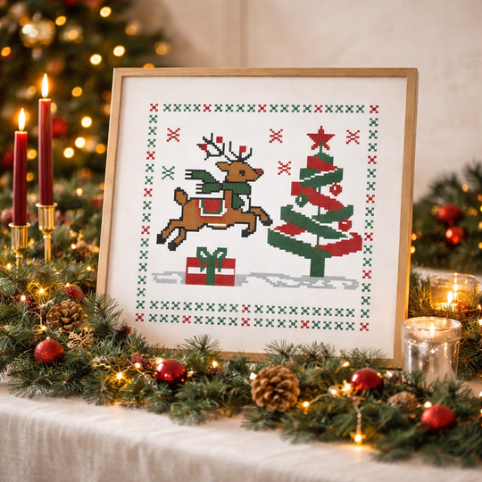 Christmas Reindeer Cross Stitch Pattern – Festive Holiday Tree & Gift