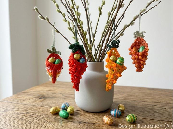 Karotten mit Perlen, Süßigkeiten Täschchen Anhänger Osterstrauß, Osterdeko