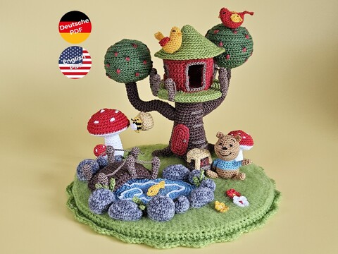 Bär Oliver und sein Baumhaus – Häkelanleitung Waldszene mit Teelicht
