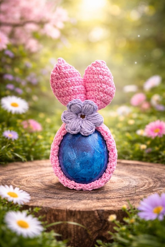 Blaues marmoriertes Osterei in rosa gehäkeltem Häschen-Eierwärmer mit Ohren auf Baumstumpf