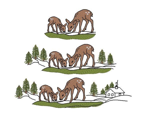 Stickmotive mit Reh und Rehkitz in verschneitem Tannenwald und einer kleinen Hütte.