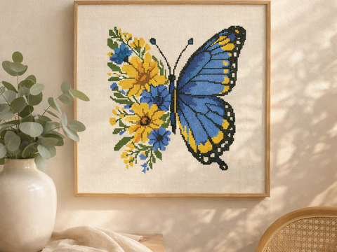 Blue Yellow Butterfly Cross Stitch Pattern, Floral Butterfly Embroidery