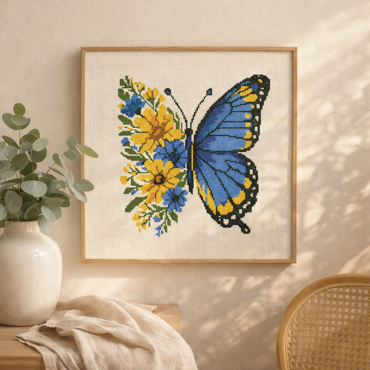 Blue Yellow Butterfly Cross Stitch Pattern, Floral Butterfly Embroidery