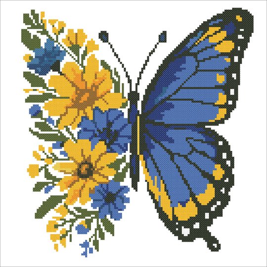 Blue Yellow Butterfly Cross Stitch Pattern, Floral Butterfly Embroidery