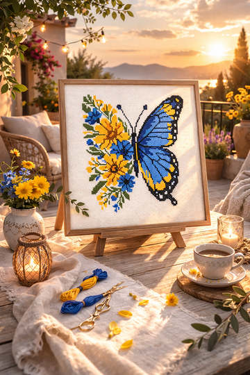 Blue Yellow Butterfly Cross Stitch Pattern, Floral Butterfly Embroidery
