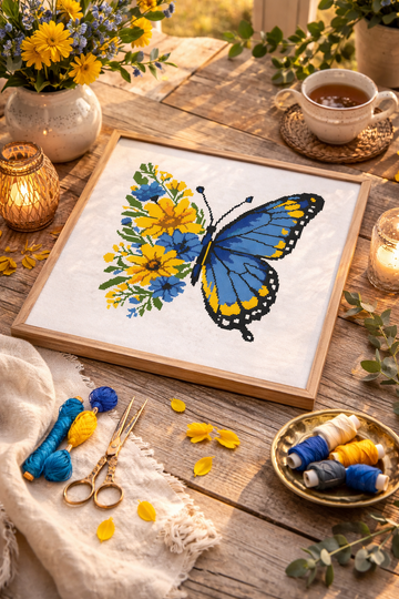 Blue Yellow Butterfly Cross Stitch Pattern, Floral Butterfly Embroidery