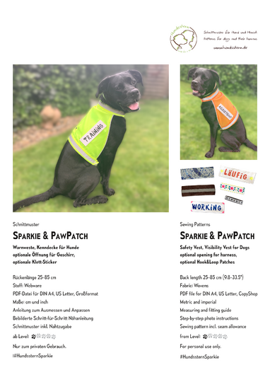 SPARKIE Safety Vest in 6 sizes + PawPATCH Hook&Loop Patches. Sewing Pattern
