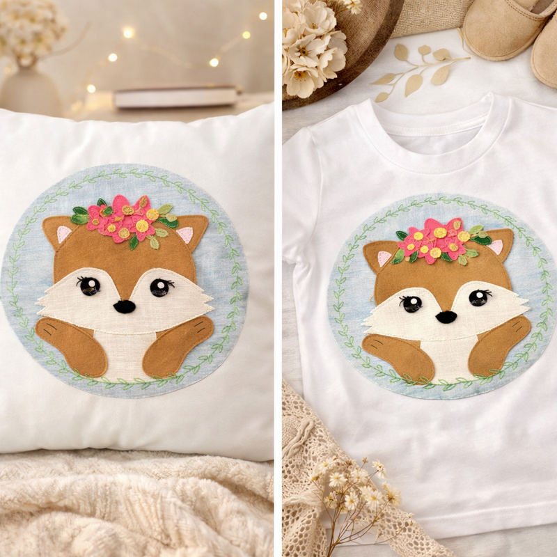 Aufgenähte Fuchs-Applikation mit Blumenkranz auf weißem Kissen und weißem T-Shirt