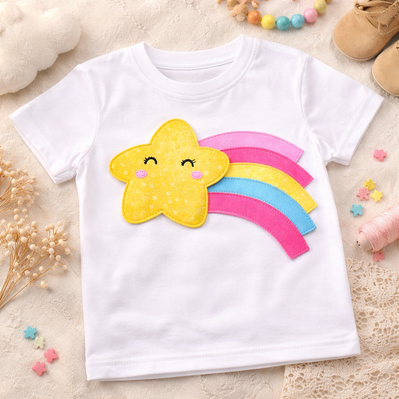 Weißes T-Shirt mit aufgenähter gelber Stern-Applikation und farbigen Stoffbögen
