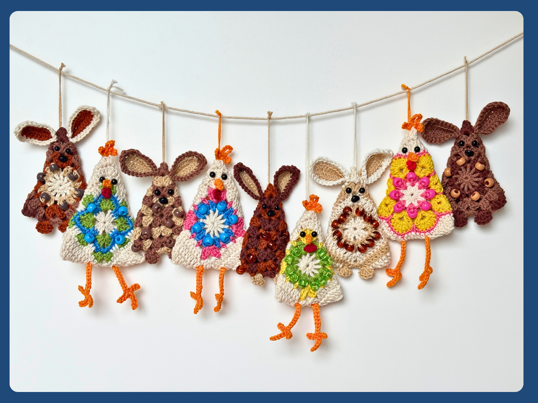 String of nine crocheted Easter ornaments alternating bunnies and chicks with colorful granny-square centers and bead accents.