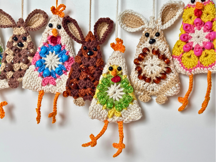 Osterhasen Hühner Girlande, Osterstrauß Anhänger, Granny Square Hase Huhn