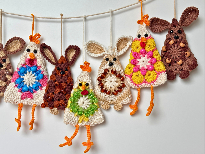 Osterhasen Hühner Girlande, Osterstrauß Anhänger, Granny Square Hase Huhn