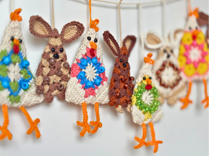 Osterhasen Hühner Girlande, Osterstrauß Anhänger, Granny Square Hase Huhn